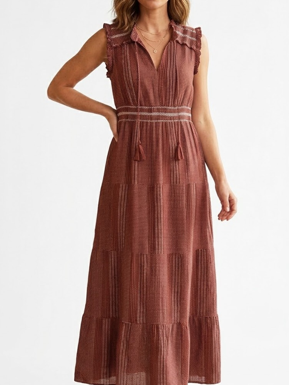 Ariat Sunset State of Mind Western Maxi Dress M Rust Brown Tiered Cotton